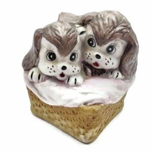 Puppies Figure In a Basket Ceramic Hand Painted Collectible Precious Moments VTG